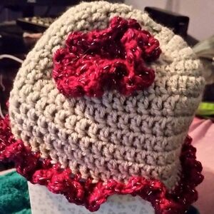 Handmade Crochet Kids Hat with Red Accents